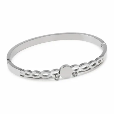 Bracelete prateado com elos ovais, medalhão e cristais