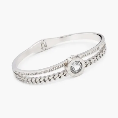 Bracelete prateado com corrente e cristal redondo central