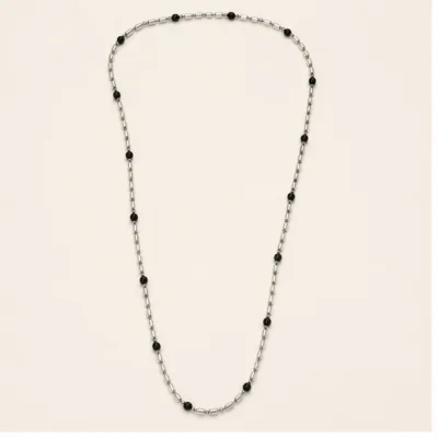 Colar comprido prateado com contas pretas 84424-03
