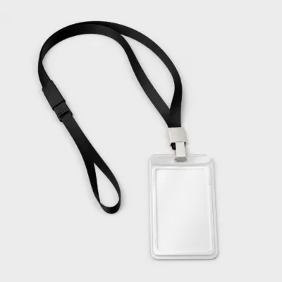 Fita de pescoço preta com porta-cartão vertical transparente