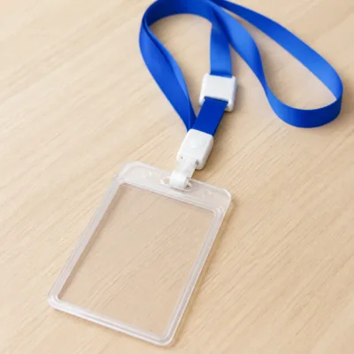 Detalhe do fecho e suporte transparente da fita azul royal