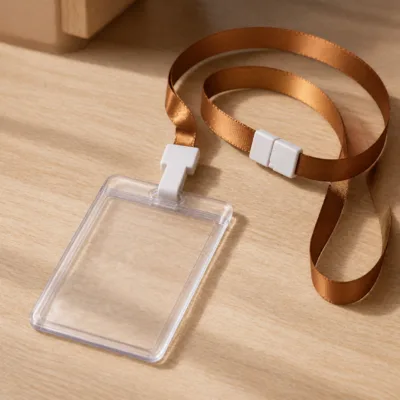 Detalhe do fecho e suporte transparente da fita dourado escuro