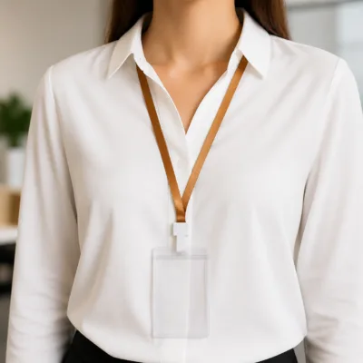Fita dourado escuro com porta-cartão usada sobre camisa branca