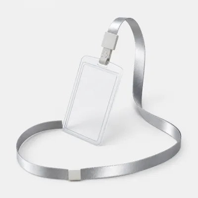 Fita de pescoço prateada com porta-cartão vertical transparente