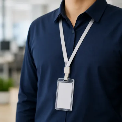 Fita prateada com porta-cartão usada sobre camisa azul-marinho