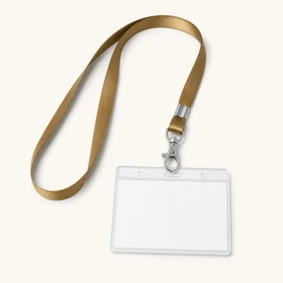 Fita de pescoço dourada escura com porta-cartão horizontal transparente
