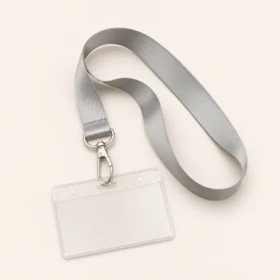 Fita cinzenta de 1,5 cm com porta-cartão horizontal transparente