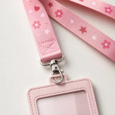 Detalhe do estampado e fecho metálico da fita rosa