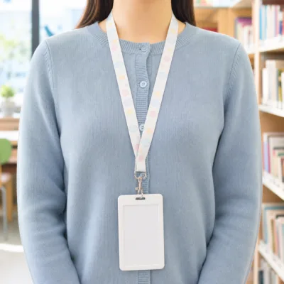 Fita branca estampada com porta-cartão vertical usada numa biblioteca