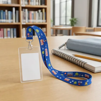 Fita azul urbana com porta-cartão vertical numa biblioteca
