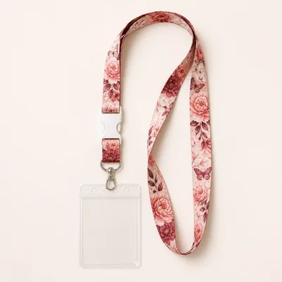 Fita rosa floral de 1,5 cm com porta-cartão vertical