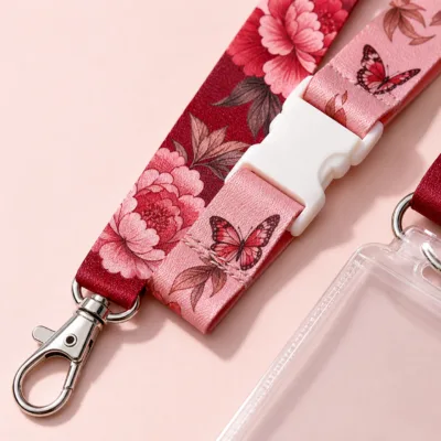 Detalhe floral, fecho e gancho metálico da fita rosa