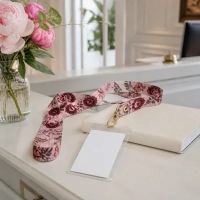 Fita rosa floral com porta-cartão vertical numa receção
