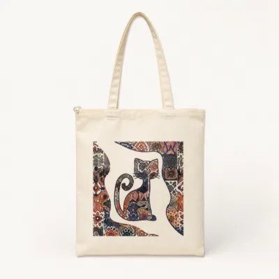 Mala tote de lona com ilustração de gato colorido