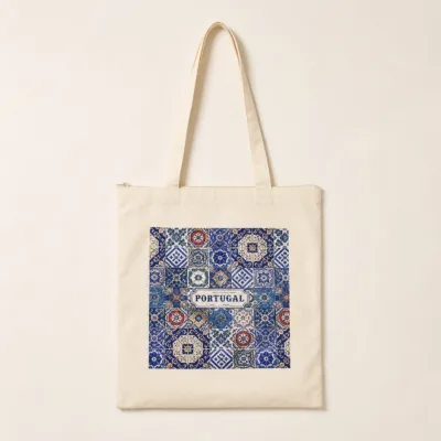 Mala tote de lona natural com padrão de azulejos de Portugal