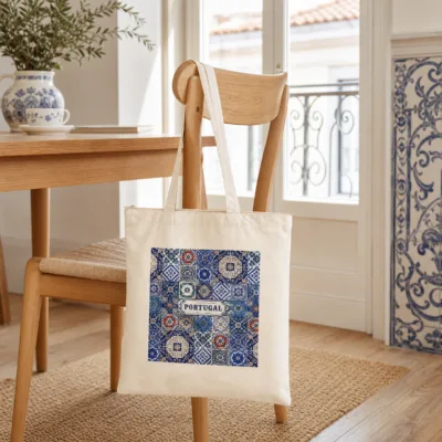 Mala tote Azulejos de Portugal pendurada numa cadeira em interior luminoso