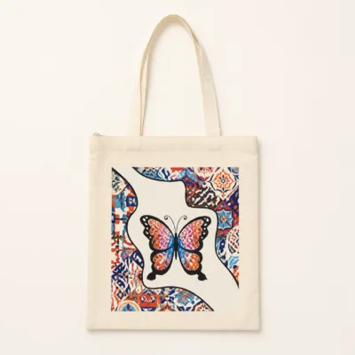 Mala tote de lona natural com borboleta colorida