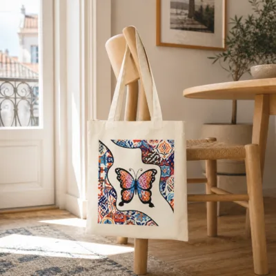 Mala tote com borboleta colorida pendurada numa cadeira em interior luminoso