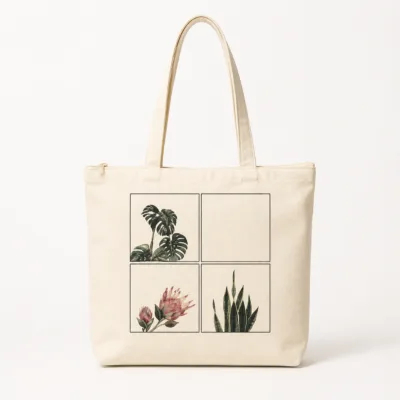 Mala tote de lona natural com quatro painéis botânicos