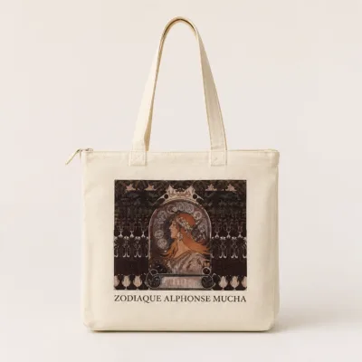 Mala tote de lona natural com ilustração Zodíaco Mucha