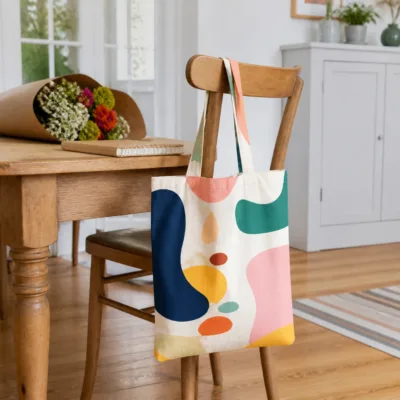 Mala tote multicolor pendurada numa cadeira em ambiente doméstico