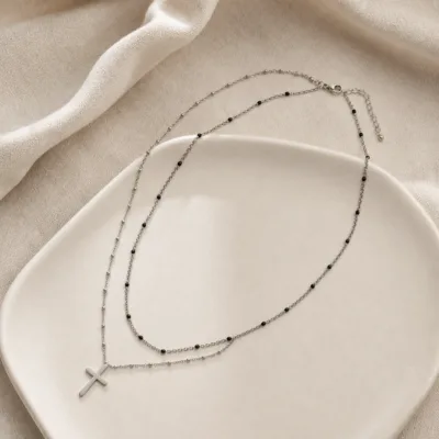 Colar Prateado de Duas Correntes com Cruz | 84724-03, 84724-03