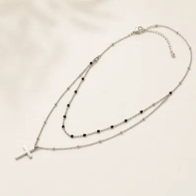 Colar Prateado de Duas Correntes com Cruz | 84724-03, 84724-03