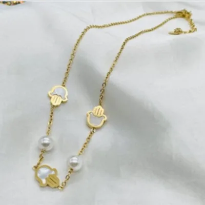 Hamsa Hand Pearl Necklace in Gold Tone | 84790-03, 84790-03