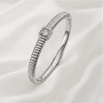 Raised studio view of silver-tone ribbed bangle 84822