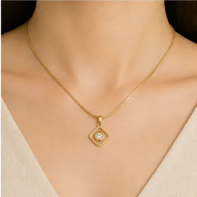 Gold-tone double diamond necklace 84836-02 worn at neckline