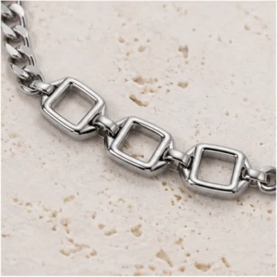 Close view of three open square links on stainless-steel bracelet 84843-01