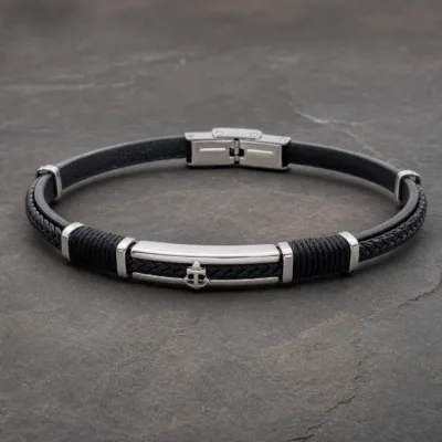 Pulseira de Pele Trancada com Âncora-Aço e Preta — Aço e preto