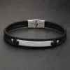Pulseira de Pele Trancada com Barra-Aço e Preta — Aço e preto