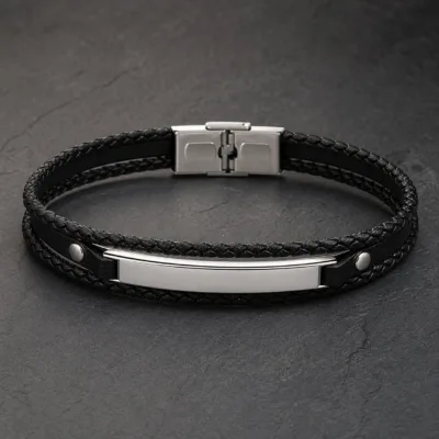 Pulseira de Pele Trancada com Barra-Aço e Preta — Aço e preto