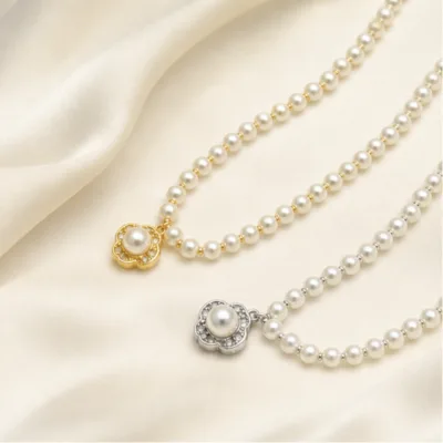Gold and silver halo pendant pearl necklaces 84988-01