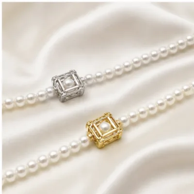 Gold and silver square pendant pearl necklaces 84988-03