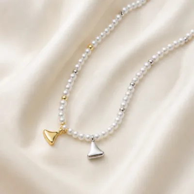 Gold and silver V pendant pearl necklaces 84990-02