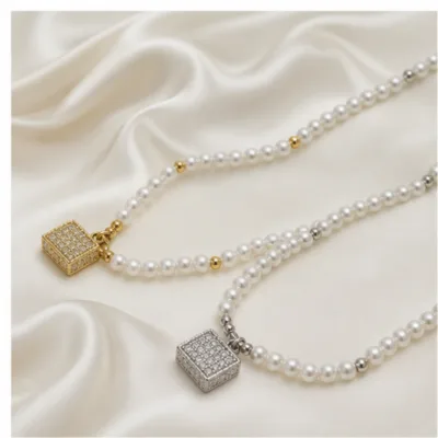 Gold and silver square pendant pearl necklaces 84991-01