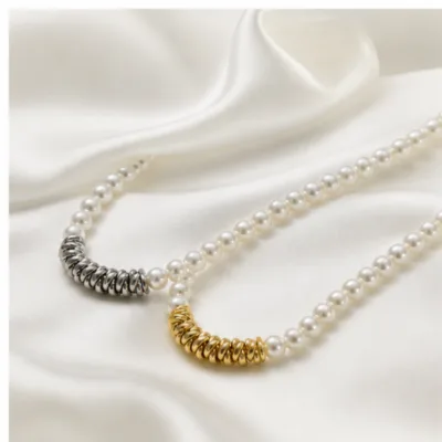 Silver and gold coil pearl necklaces 84991-04