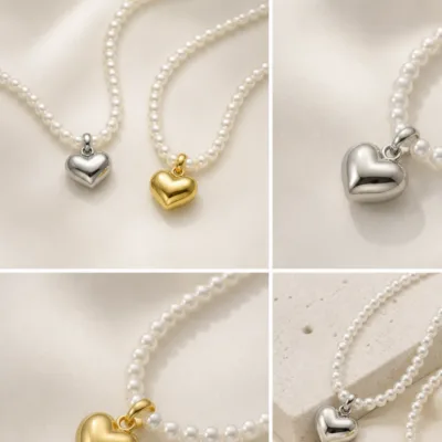 Silver and gold puffy heart pearl necklaces 84991-05