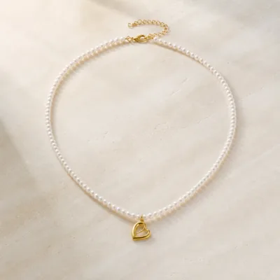 Colar de Pérolas com Coração-Dourado e Prateado — Dourado
