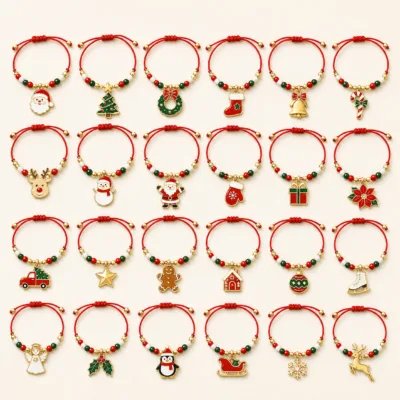 Vinte e quatro pulseiras festivas dispostas em quatro filas