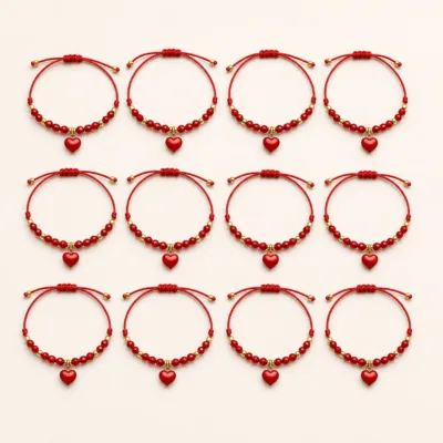 Doze pulseiras vermelhas com coração dispostas em três filas