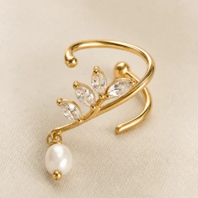 Brincos Ear Cuff Folha com Cristais e Pérola | Dourado ou Prateado — Prateado