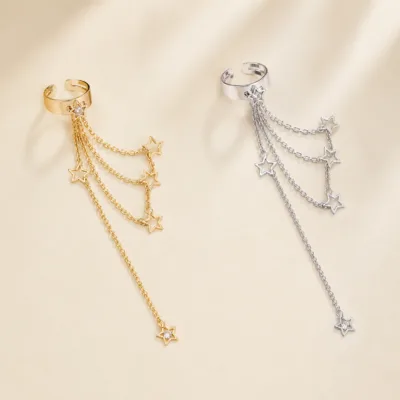 Ear cuffs constelação com correntes e estrelas em dourado e prateado