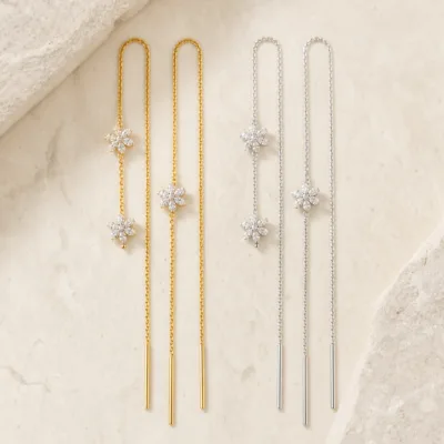 Brincos Passantes Longos Flores com Cristais | Dourado ou Prateado — Dourado