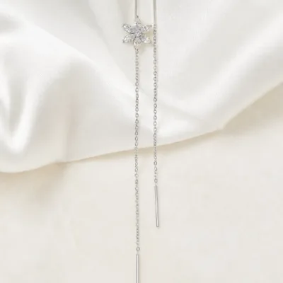 Brincos Passantes Duplos Flores com Cristais | Dourado ou Prateado — Prateado