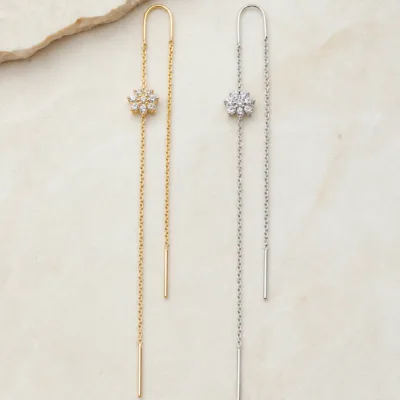 Brincos Passantes Duplos Flores com Cristais | Dourado ou Prateado — Dourado