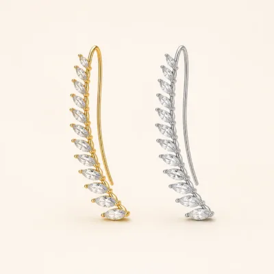 Ear climbers de folhas com cristais em dourado e prateado