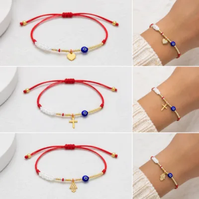 Variantes Coração, Cruz e Mão de Fátima da pulseira com olho azul